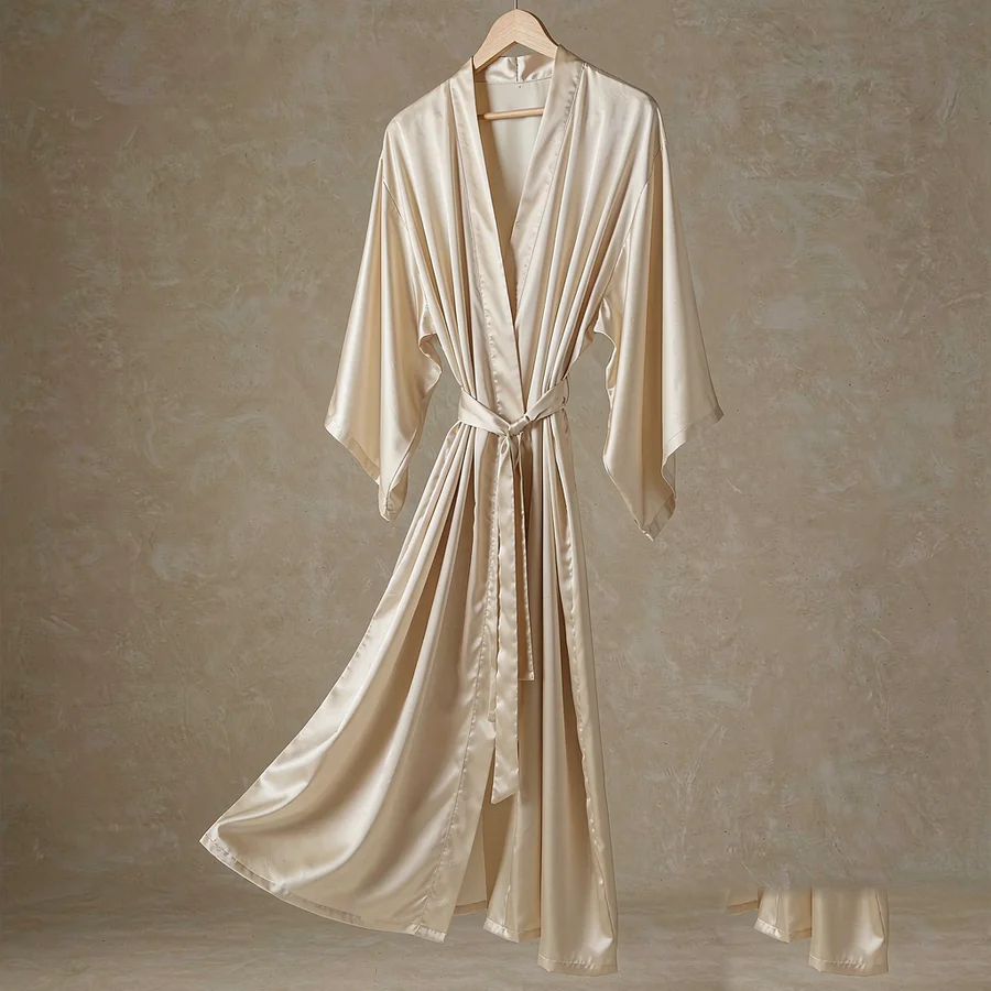 Ivory satin kimono robe on a wooden hanger