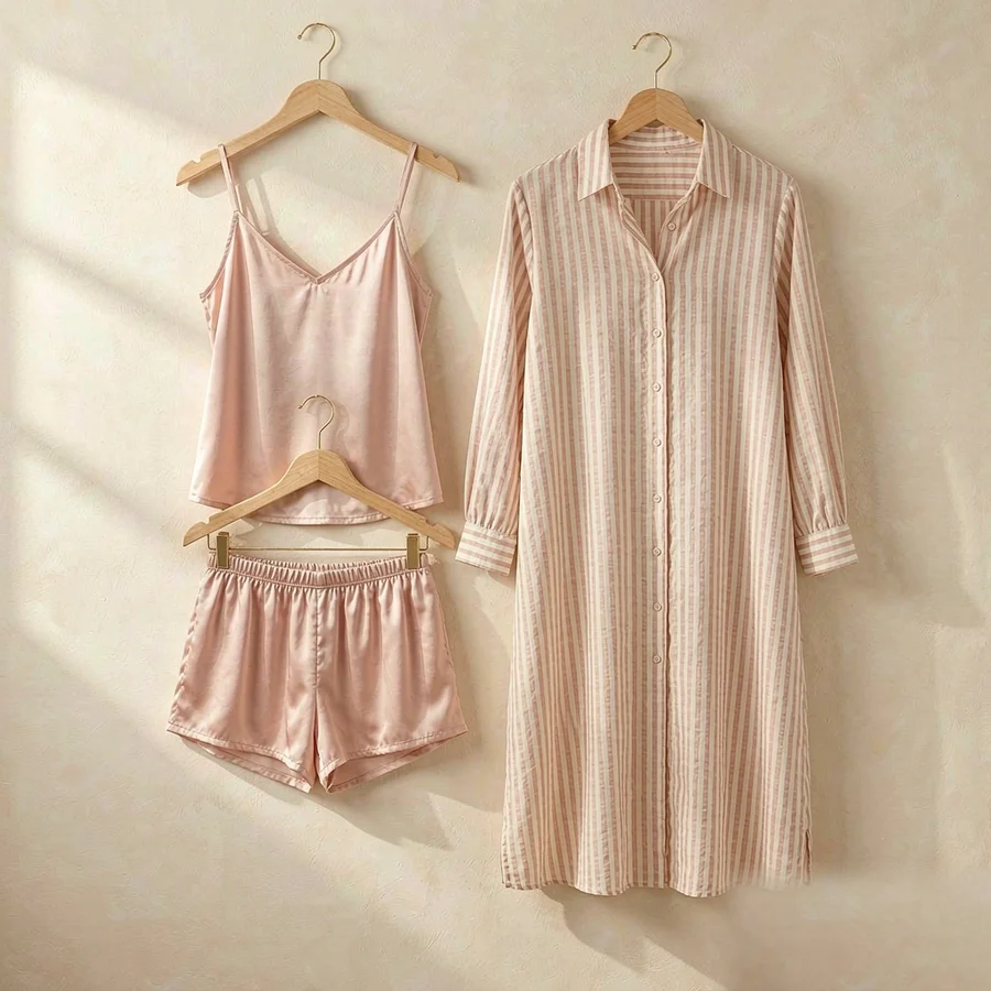 Blush silk slip nightdress on a hanger