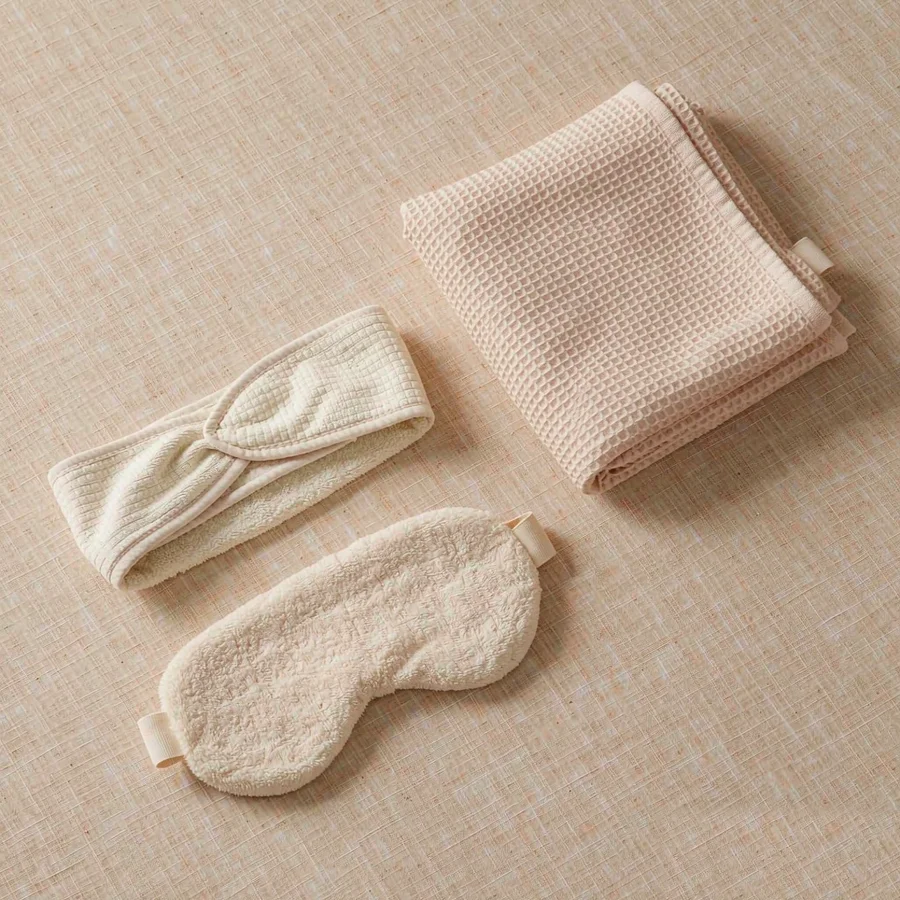Terry sleep mask, spa headband and waffle wrap