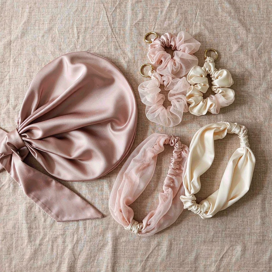 Satin scrunchies and silk sleep bonnet