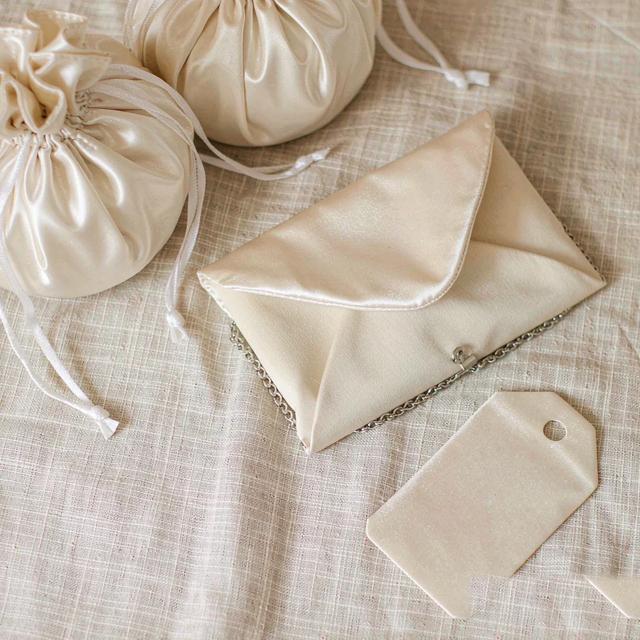 Ivory satin drawstring pouches and gift tags
