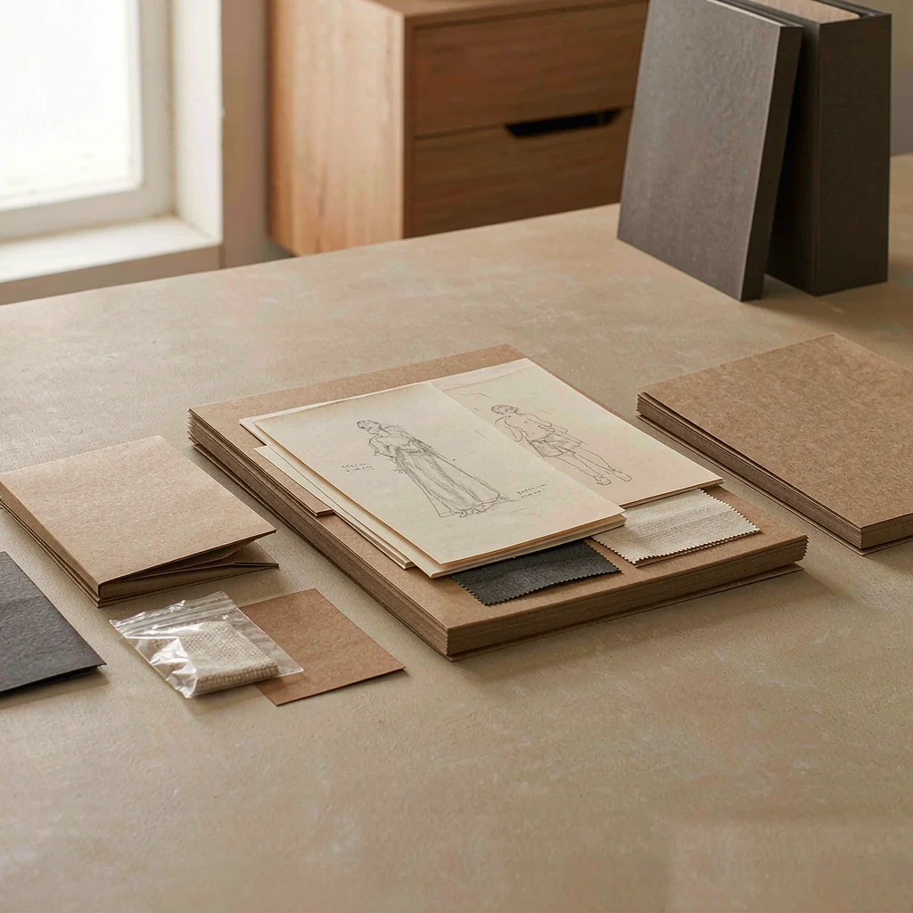 Design sketches, tech packs and fabric swatches kept confidential in archive folders