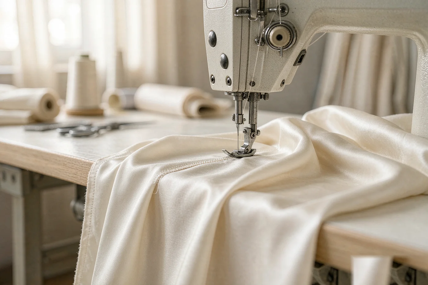Industrial sewing machine stitching cream satin fabric at the Yution production floor